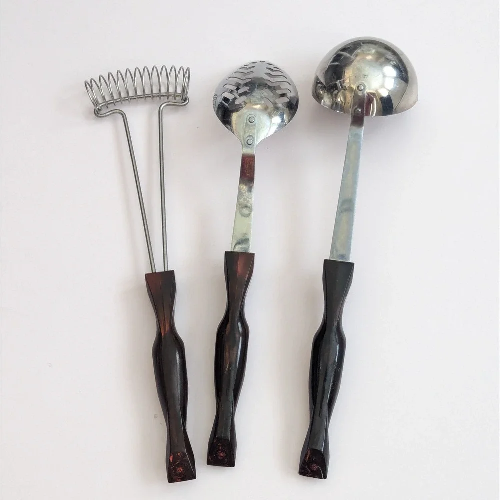 Vtg Cutco Brown Swirl Utensils Lot: Slotted Spoon 1713, Whisk 1714, Ladle 1715